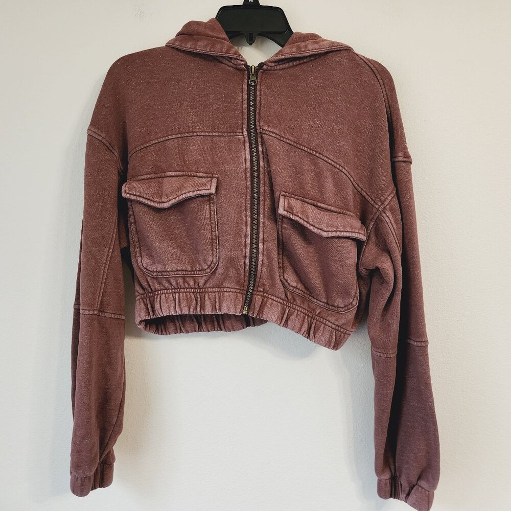 Urban Outfitters Women Yogi Fleece Cropped Zip Hoodie Sweatshirt Brown S/P